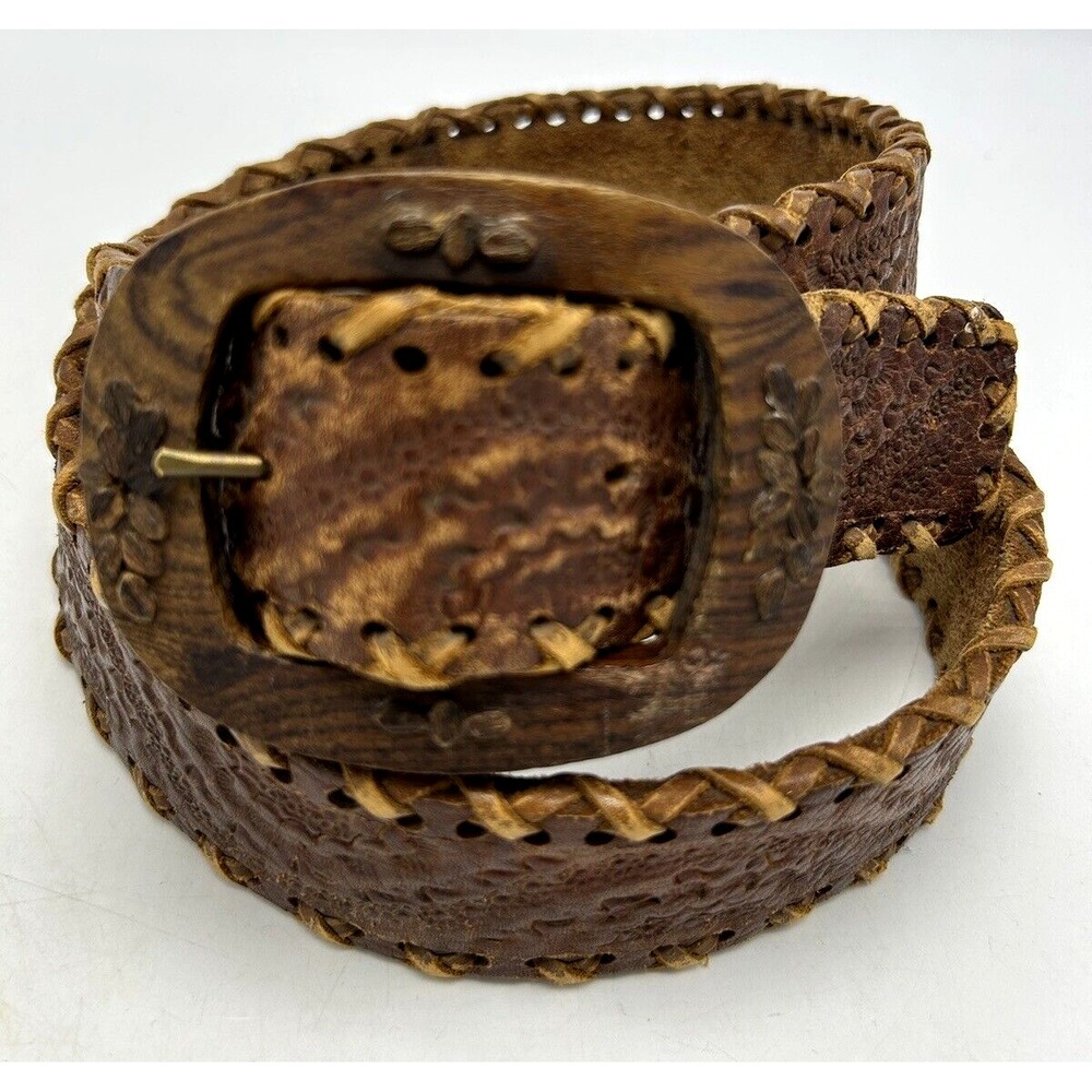 Vintage Belt 70s Hand Tooled Brown Leather Braided Boho Hippy Mexico 33-38 Read